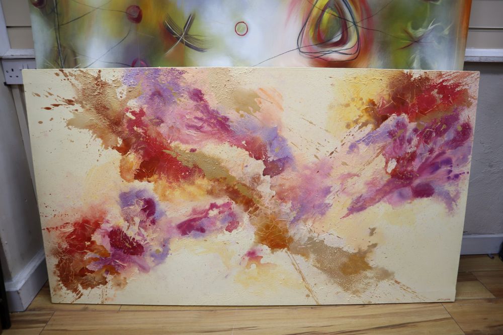 Tay Dall (1966-, South African), oil on canvas, Untitled abstract, signed and dated 2002, 141 x 139cm and an abstract work by another h